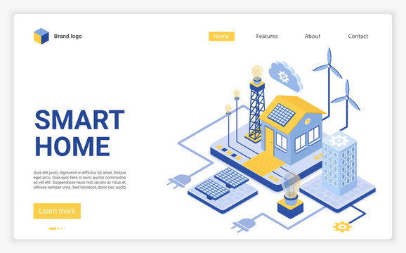 Smart home landing page vector template. Modern eco friendly technology website homepage interface layout with isometric illustration. Renewable energy sources web banner, webpage 3D concept