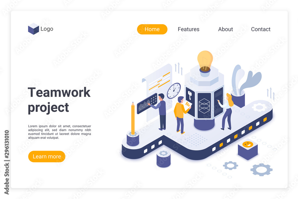 Poster teamwork project landing page vector template. effective team building website homepage interface la
