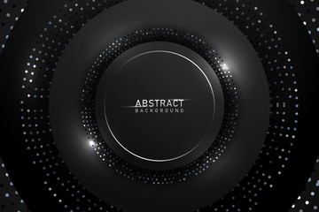 Abstract dark background with silver shiny circle glitter and sparkle elements. Black background, banner presentation. Luxury and Creative design in EPS10 vector illustration.