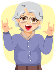 Illustration of funny grandmother rocking with horn hands up