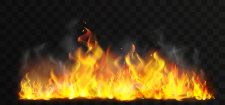 Raging fire realistic vector illustration. Dangerous phenomenon, firestorm isolated on transparent background. Natural disaster, hell decorative design element. Hot blaze, wildfire with smoke