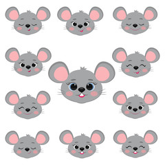 Collection of eleven cute rat head mice isolated on a white background. Year of the rat. Cartoon, flat style, vector