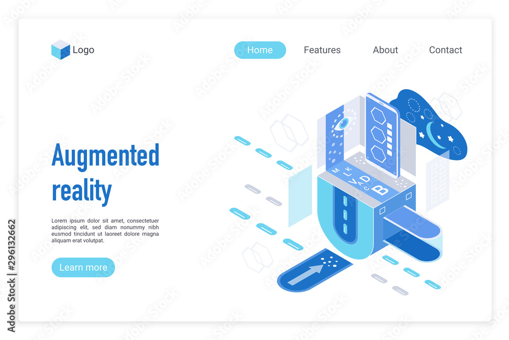Poster augmented reality landing page vector template. interactive technology website homepage interface la