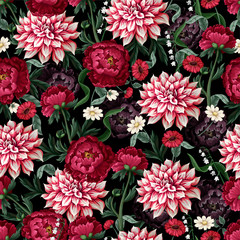 Seamless pattern with dahlia, peonies and wild flowers. Vector.