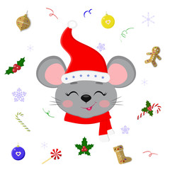 Happy New Year and Merry Christmas. Cute mouse or rat with closed eyes in a Santa hat and scarf. Christmas elements. Year of the rat. Cartoon, flat style, vector