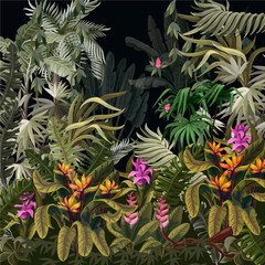 Seamless border with jungle trees and flowers. Vector.