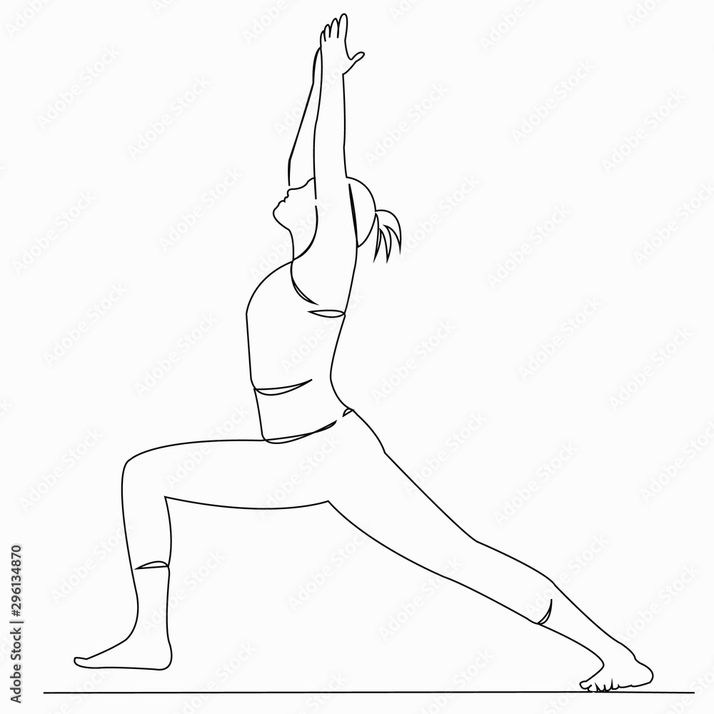 Wall mural One continuous single drawn line art doodle yoga, exercise, pose, female, people, asana. isolated image hand-drawn contour on a white background