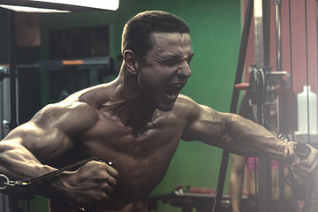 muscular bodybuilder doing exercise on bars in the gym. a handsome, sporty, sexy guy with a abs...