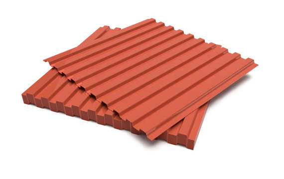 Metal sheets for roofing on a white background, 3D render