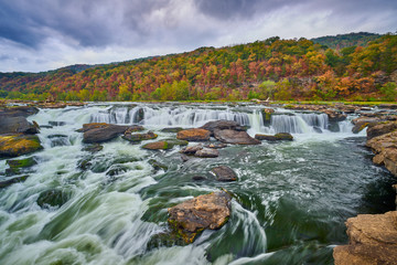 Sandstone Falls in West Virginia with fall colors.