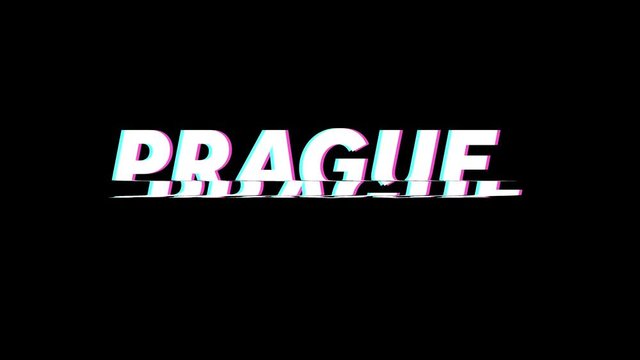 Prague city label glitch animation on a plain black background