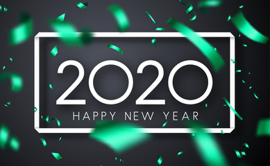 Happy New Year 2020 greeting card with green blurred confetti.