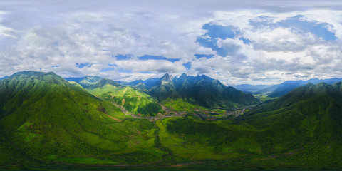 360 panorama by 180 degrees angle seamless panorama view of Fansipan mountain with paddy rice...