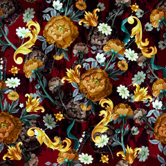 Seamless pattern with vintage peonies oil painting. Vector.