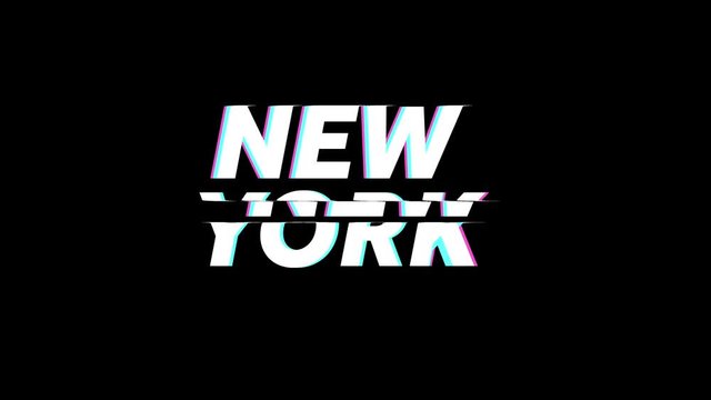New York city label glitch animation on a plain black background