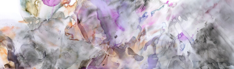 Art Abstract paint blots background. Alcohol ink colors. Marble texture. Horizontal long banner..