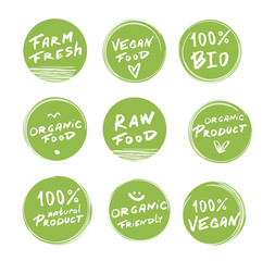 Eco label bio icon.Organic stamp food green grunge logo.Sticker vegan vintage.Fresh healthy vegetarian labels and tags. Vector hand drawn illustration.Green concept.Nutrition veggie plants.