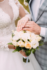 Obraz na płótnie Canvas Wedding rings close-up. Wedding accessories bride and groom