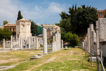 Tourists visiting the ancient ruins at the Roman Agora located to the north of the Acropolis in...