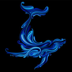 Abstract vector blue whale from drops of water on a black background