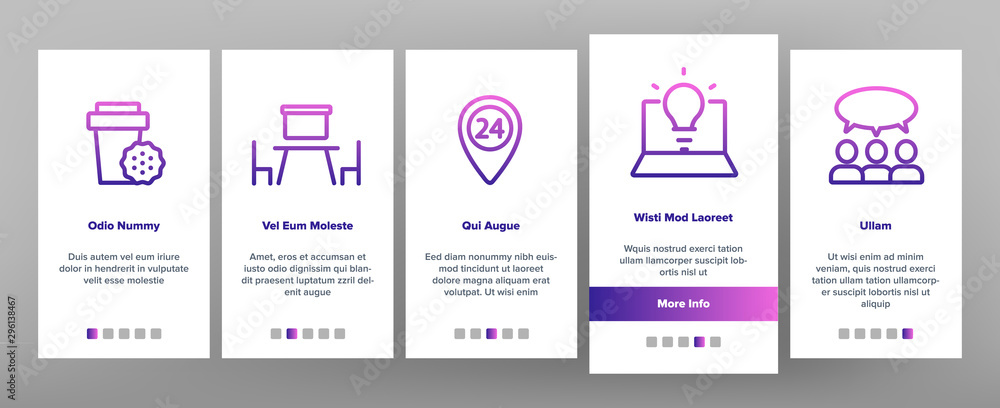 Poster Coworking Onboarding Mobile App Page Screen Vector Thin Line. Working Table Place With Computer, Laptop And Lamp, Tea Cup And Clock Coworking Concept Linear Pictograms. Color Contour Illustrations