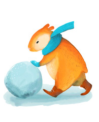 Illustration of the guinea pig  rolls a snowball isolated on white background.