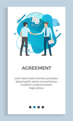 Agreement vector, male wearing suits formal wear serious men with briefcases on meeting. Conference of people in business, handshake of colleagues. Website or app slider, landing page flat style
