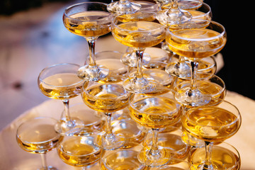 Cascade of champagne at the event. Champagne glasses