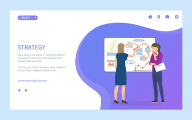 Women in business thinking on strategy and development. Whiteboard with information and infocharts startup with rocket planning next steps. Website or webpage template, landing page flat style