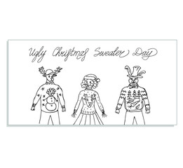 Ugly Sweater Dаy illustration with funny characters. Comic deer, snowman, hare. Line art style.