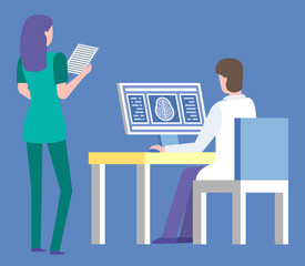 Clinic isolated doctor and nurse. Assistant reading xray scan on paper, male wearing white coat, doc by table with computer and information. Vector illustration in flat cartoon style