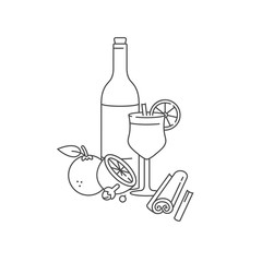 Vector linear design mulled wine concept illustration. Wine bottle glass of gluhwein with citruc and spices.