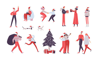 Christmas set. Young people hug, play together. Collection of Happy friends have fun outdoor. Company celebrates new year. Party around Christmas tree. Holiday vector illustration isolated on white