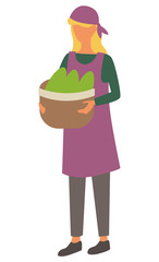 Female character carrying harvested fruits and veggies in basket, isolated woman with hat on head. Farming personage with organic meal production. Vector illustration in flat cartoon style