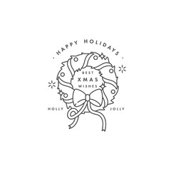 Lovely Merry Xmas concept flat design with green wreath decorated with red ribbon and toys. Typical Advent or Christmas household ornament design element with sample text on white background.