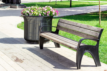 Flowerbed with a bench in the summer park.