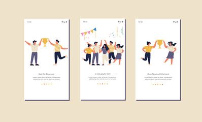 Vector illustration champion teamwork concept for website or mobile app page onboard screen. Successful team celebrating victory and rejoicing together.