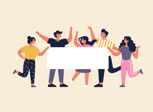 Vector illustration young people having great time and holding empty placard or banner. Positive emotions concept. Group of characters enjoying themselves and celebrating.