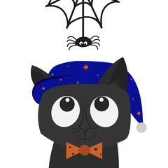 Illustration of a cat. Cute cat in the hat looks at the spider hanging on the spider web
