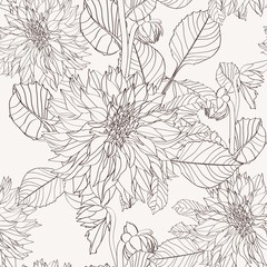 Dahlia. Seamless pattern of beige line dahlia flowers. Floral background.