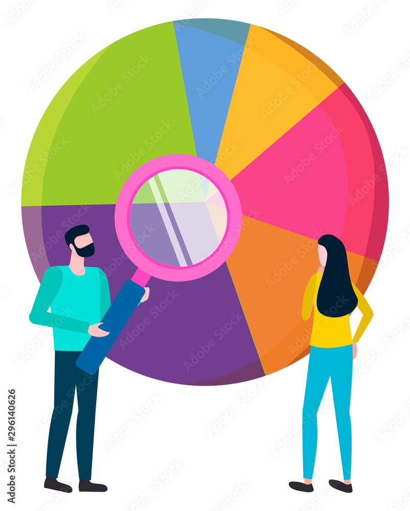 Poster workers analyzing information results represented in diagram with segments. brainstorming man and wo