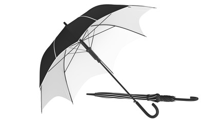 Umbrella parasol classic open with white bottom and closed. 3D rendering