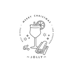 Lovely Merry Xmas concept linear design with christmas mulled wine with spices. Greeting typography compositions Xmas cards, banners or posters and other printables.