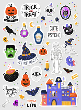 Set of cartoon Halloween stickers. Hand drawn vector illustration.