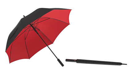 Umbrella parasol open with red bottom and closed. 3D rendering