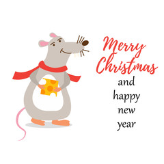 Christmas character rat. Happy New year and merry Christmas. Gray mouse with yellow Parmesan cheese. Vector