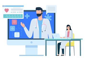 Woman doctor or assistant working with laptop, man character with cardiogram report, monitor of computer with diagnosis, consultation of healthcare. Vector illustration in flat cartoon style