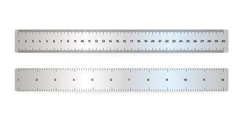 Realistic metal ruler measuring scale. Vector markup for 15 inches 30 centimeters rulers, metal measure tool cm meter instrument. Vector illustration.