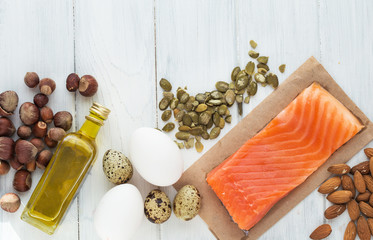 selection Food sources of omega 3 and healthy fats. Top view with copy space