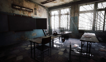 Chernobyl abandoned school classroom sun light window